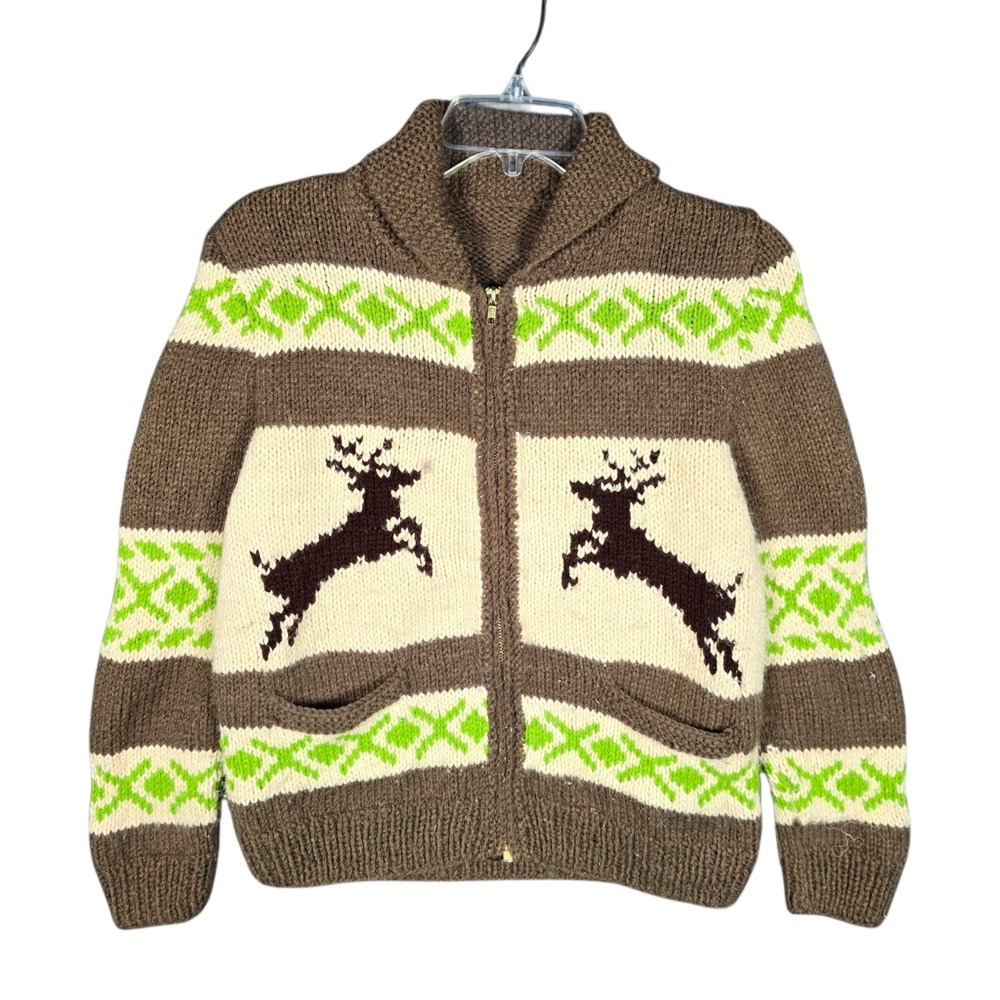 Vintage Cowichan Sweater Size Large Deer Hand Knit Full Zip Nordic Brown Kids